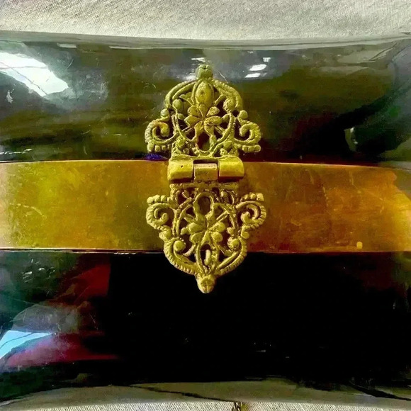 Vintage clutch gold and black purple velvet interior. Rare. Chain handle 18” - Picture 2 of 14